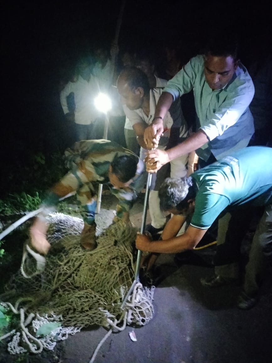 7 से 8 फीट लंबा और भारी भरकम मगरमच्छ सड़क पर देख ग्रामीणों उड़े होश। वन विभाग की टीम ने ऑपरेशन रेस्क्यू कर संजीत चंबल नदी में छोड़ा।